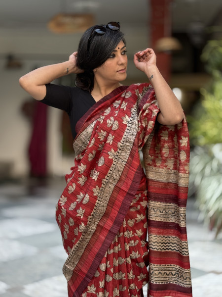RED GHICHA TUSSAR SILK HAND BLOCK PRINT SARI