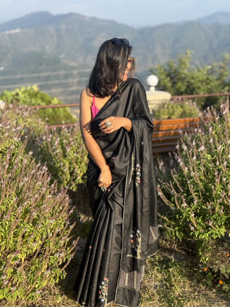 BLACK TUSSAR SILK HAND EMBROIDERED SARI