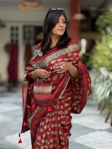 RED GHICHA TUSSAR SILK HAND BLOCK PRINT SARI