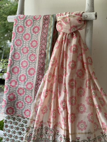 SEA GREEN-OFF WHITE HAND BLOCK PRINT CHANDERI SILK & COTTON DUPATTA SET