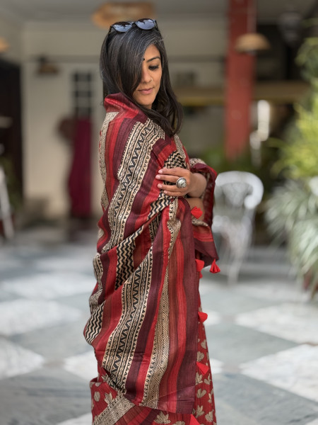 RED GHICHA TUSSAR SILK HAND BLOCK PRINT SARI