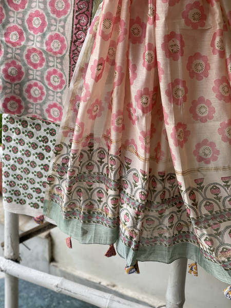 SEA GREEN-OFF WHITE HAND BLOCK PRINT CHANDERI SILK & COTTON DUPATTA SET