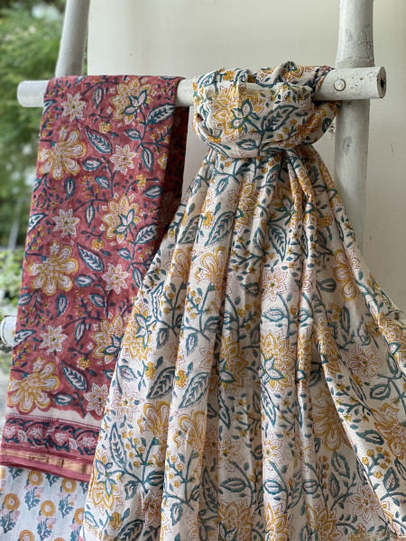 SALMON-OFF WHITE HAND BLOCK PRINT CHANDERI SILK & COTTON DUPATTA SET