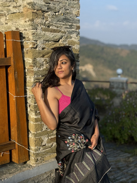 BLACK TUSSAR SILK HAND EMBROIDERED SARI