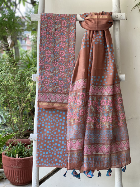 BROWN BLOCK PRINT CHANDERI SILK & COTTON DUPATTA SET