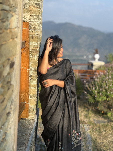 BLACK TUSSAR SILK HAND EMBROIDERED SARI