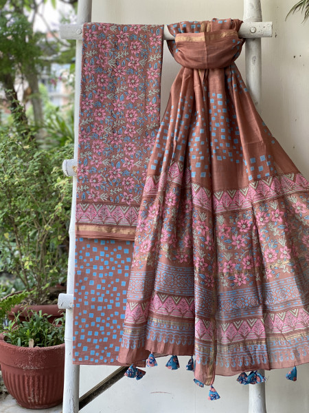 BROWN BLOCK PRINT CHANDERI SILK & COTTON DUPATTA SET