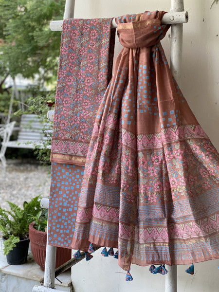 BROWN BLOCK PRINT CHANDERI SILK & COTTON DUPATTA SET
