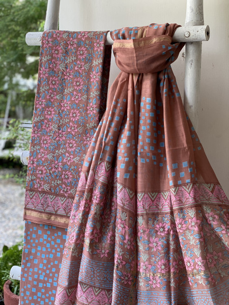 BROWN BLOCK PRINT CHANDERI SILK & COTTON DUPATTA SET