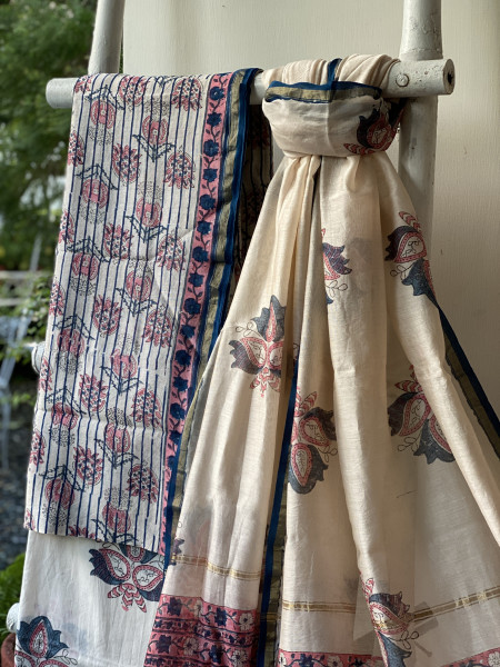 OFF WHITE BLOCK PRINT CHANDERI SILK & COTTON DUPATTA SET