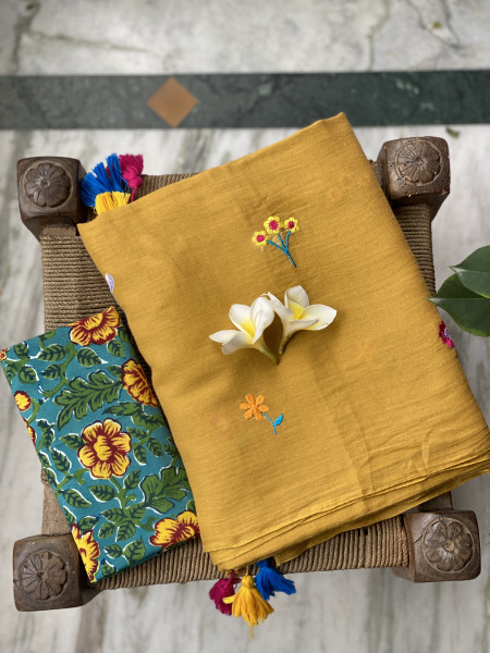 MUSTARD COTTON MULMUL EMBROIDERED SARI