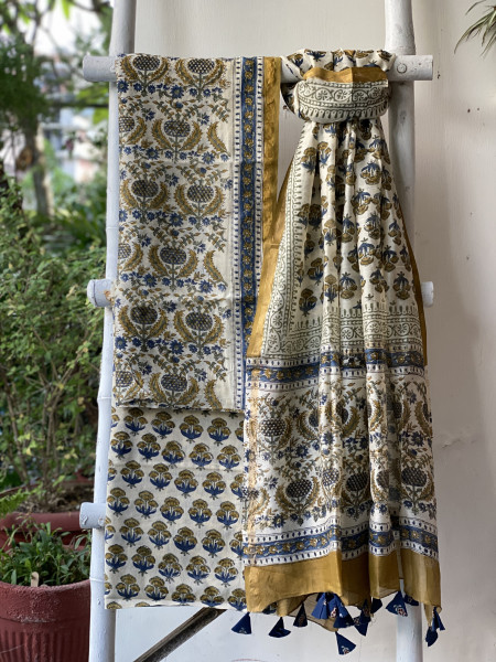 IVORY BLOCK PRINT CHANDERI SILK & COTTON DUPATTA SET