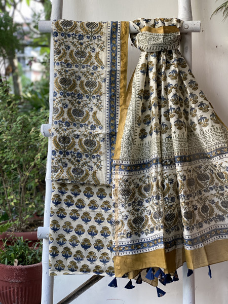 IVORY BLOCK PRINT CHANDERI SILK & COTTON DUPATTA SET