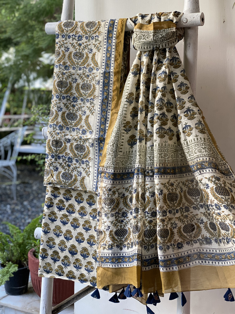 Image of IVORY BLOCK PRINT CHANDERI SILK &amp; COTTON DUPATTA SET