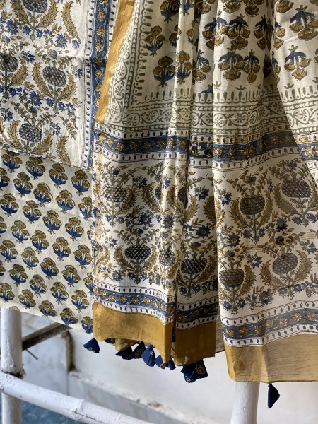 IVORY BLOCK PRINT CHANDERI SILK & COTTON DUPATTA SET
