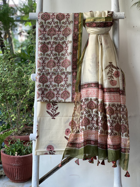 IVORY BLOCK PRINT CHANDERI SILK & COTTON DUPATTA SET
