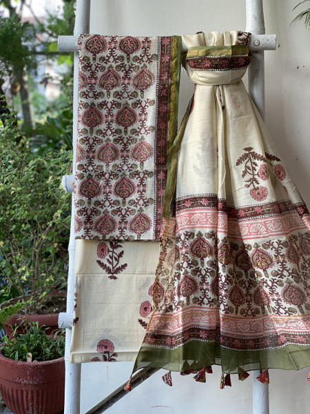 IVORY BLOCK PRINT CHANDERI SILK & COTTON DUPATTA SET