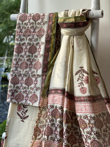 IVORY BLOCK PRINT CHANDERI SILK & COTTON DUPATTA SET