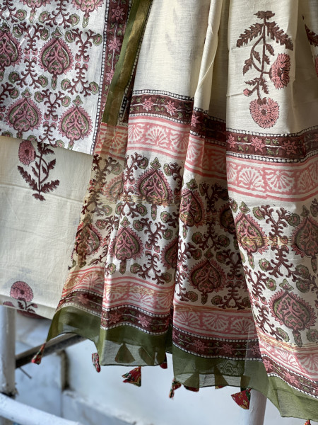 IVORY BLOCK PRINT CHANDERI SILK & COTTON DUPATTA SET