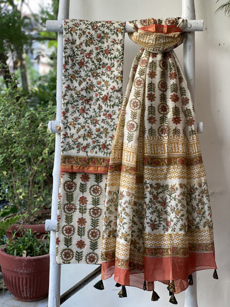 IVORY BLOCK PRINT CHANDERI SILK & COTTON DUPATTA SET