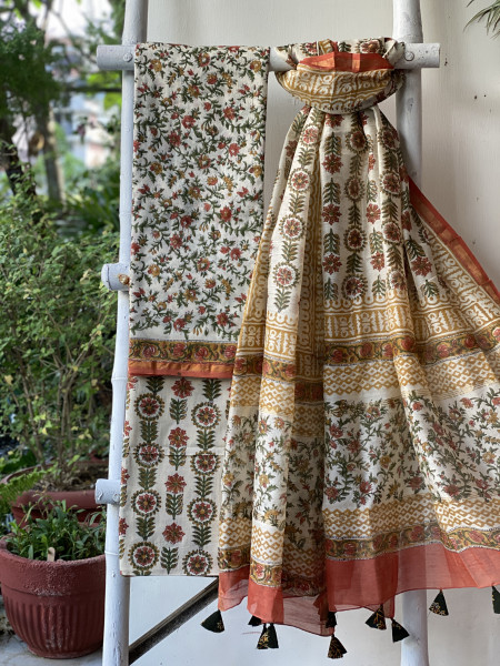 IVORY BLOCK PRINT CHANDERI SILK & COTTON DUPATTA SET