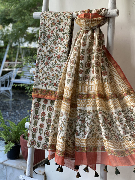 IVORY BLOCK PRINT CHANDERI SILK & COTTON DUPATTA SET