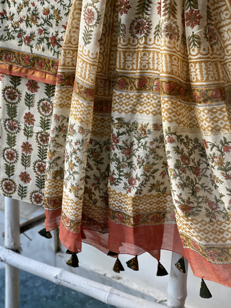 IVORY BLOCK PRINT CHANDERI SILK & COTTON DUPATTA SET