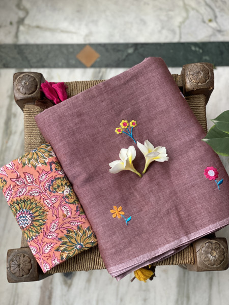 DUSTY TAUPE BROWN COTTON MULMUL EMBROIDERED SARI
