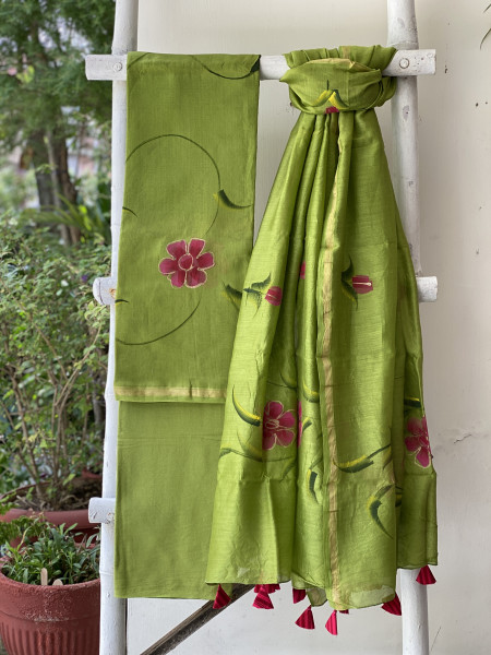 PARROT GREEN BLOCK PRINT CHANDERI SILK & COTTON DUPATTA SET