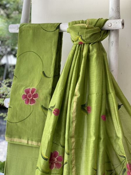 PARROT GREEN BLOCK PRINT CHANDERI SILK & COTTON DUPATTA SET