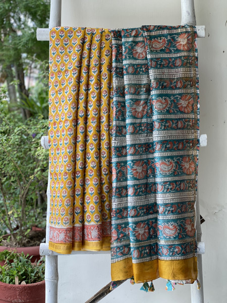 YELLOW HAND BLOCK PRINT CHANDERI SILK COTTON SARI