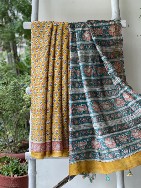 YELLOW HAND BLOCK PRINT CHANDERI SILK COTTON SARI