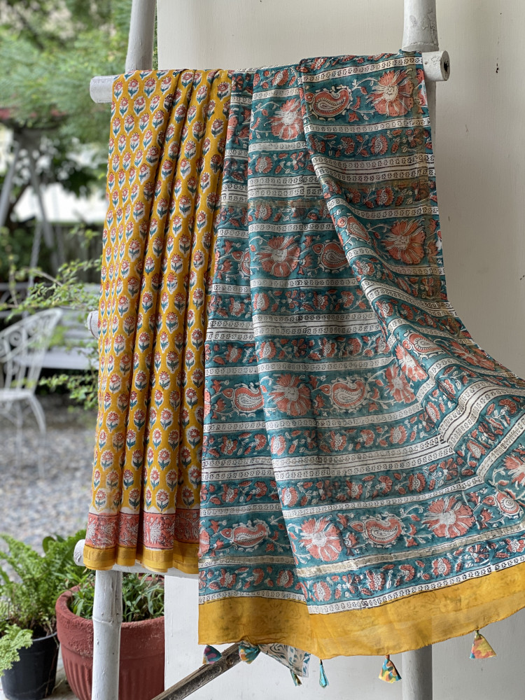 Image of YELLOW HAND BLOCK PRINT CHANDERI SILK COTTON SARI