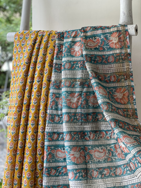 YELLOW HAND BLOCK PRINT CHANDERI SILK COTTON SARI