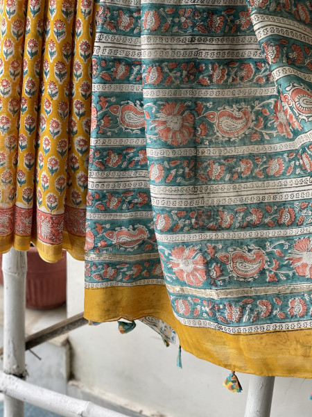 YELLOW HAND BLOCK PRINT CHANDERI SILK COTTON SARI