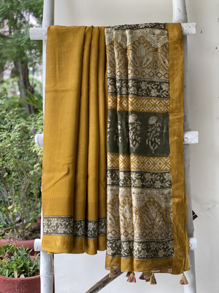 MUSTARD HAND BLOCK PRINT CHANDERI SILK COTTON SARI