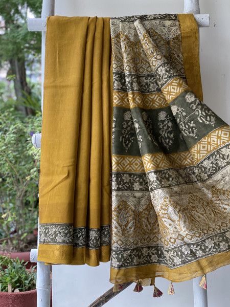 MUSTARD HAND BLOCK PRINT CHANDERI SILK COTTON SARI