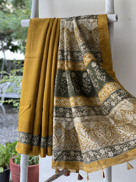 MUSTARD HAND BLOCK PRINT CHANDERI SILK COTTON SARI