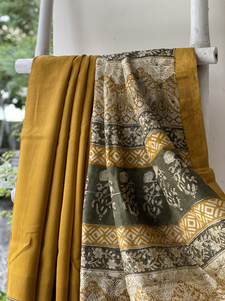 MUSTARD HAND BLOCK PRINT CHANDERI SILK COTTON SARI