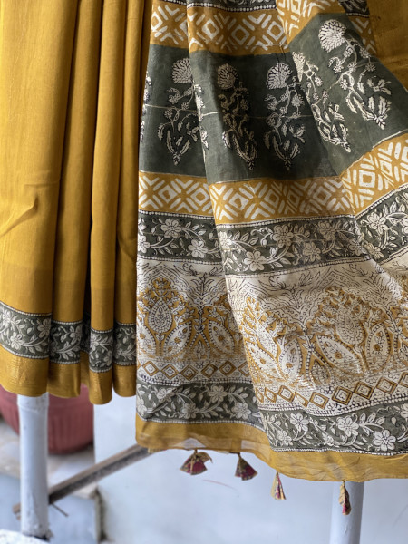 MUSTARD HAND BLOCK PRINT CHANDERI SILK COTTON SARI