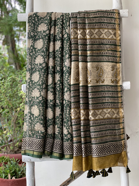 BOTTLE GREEN  HAND BLOCK PRINT CHANDERI SILK COTTON SARI