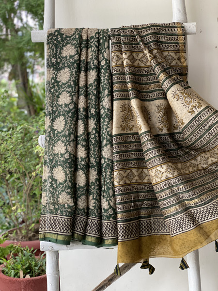 BOTTLE GREEN  HAND BLOCK PRINT CHANDERI SILK COTTON SARI