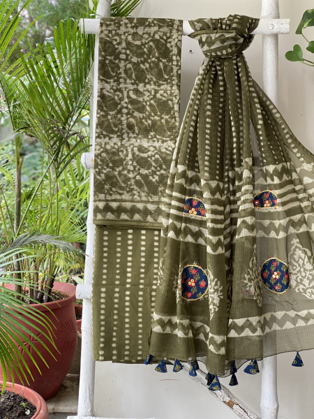 MEHNDI GREEN HAND BLOCK PRINT KOTA  EMBROIDERED DUPATTA SET