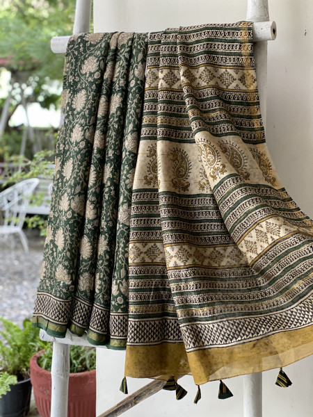 BOTTLE GREEN  HAND BLOCK PRINT CHANDERI SILK COTTON SARI
