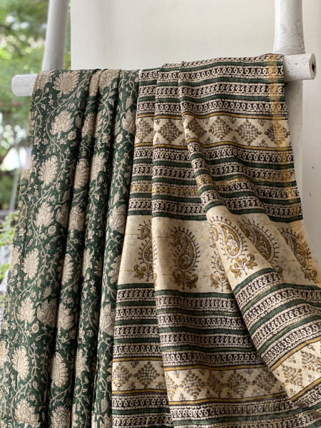 BOTTLE GREEN  HAND BLOCK PRINT CHANDERI SILK COTTON SARI