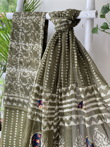MEHNDI GREEN HAND BLOCK PRINT KOTA  EMBROIDERED DUPATTA SET
