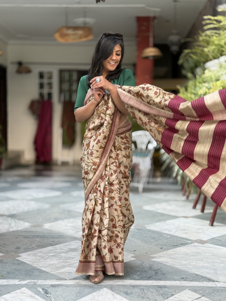 BEIGE-WINE PRINTED TUSSAR SILK SARI