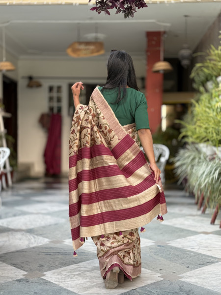 BEIGE-WINE PRINTED TUSSAR SILK SARI