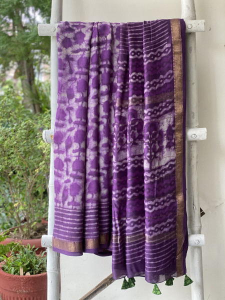 PURPLE HAND BLOCK PRINT CHANDERI SILK COTTON SARI