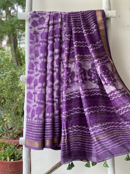 PURPLE HAND BLOCK PRINT CHANDERI SILK COTTON SARI